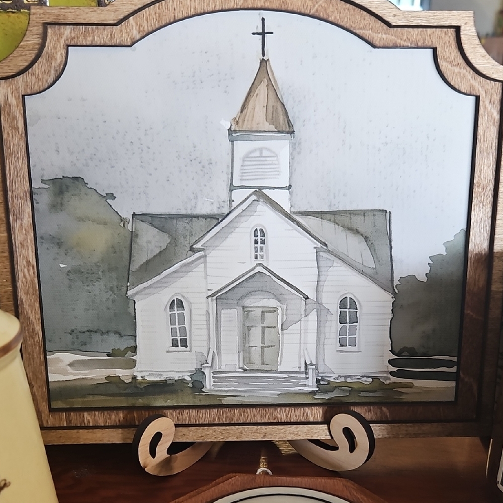 Framed Watercolor Church Wall Art - White, Brown, Green